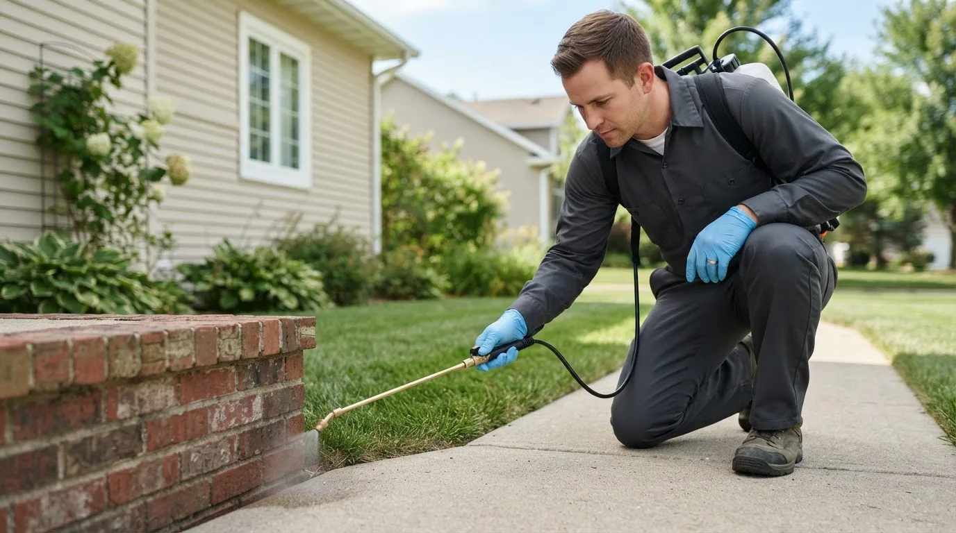 Pest control technician treating a home near Oak Harbor, OH